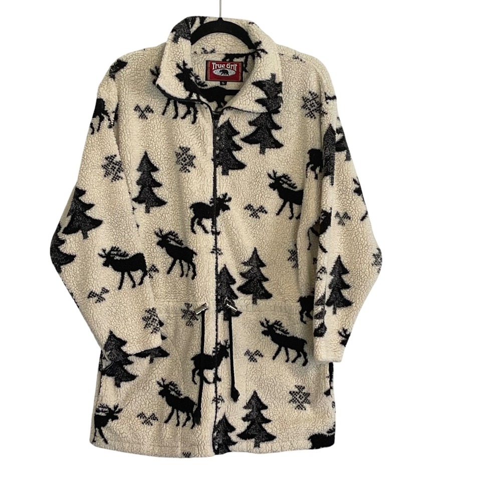 True Grit Womens S Moose Trees‎ Eco Pile Fleece Jacket Full Zip Drawstring USA